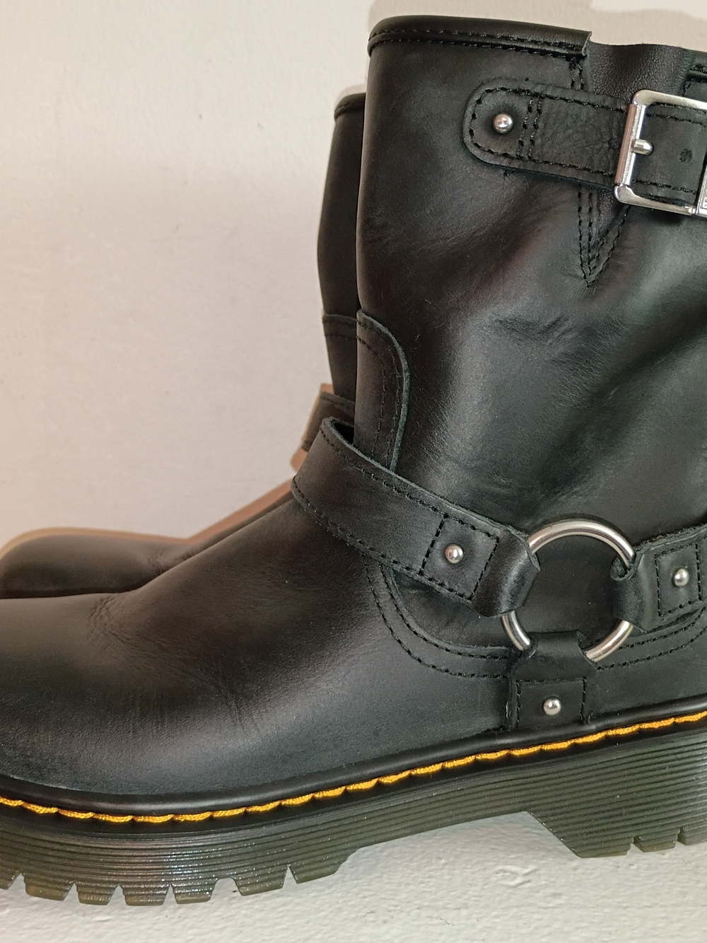Dr. Martens Kids Black Leather Harness Boots with Yellow Welt Stitching